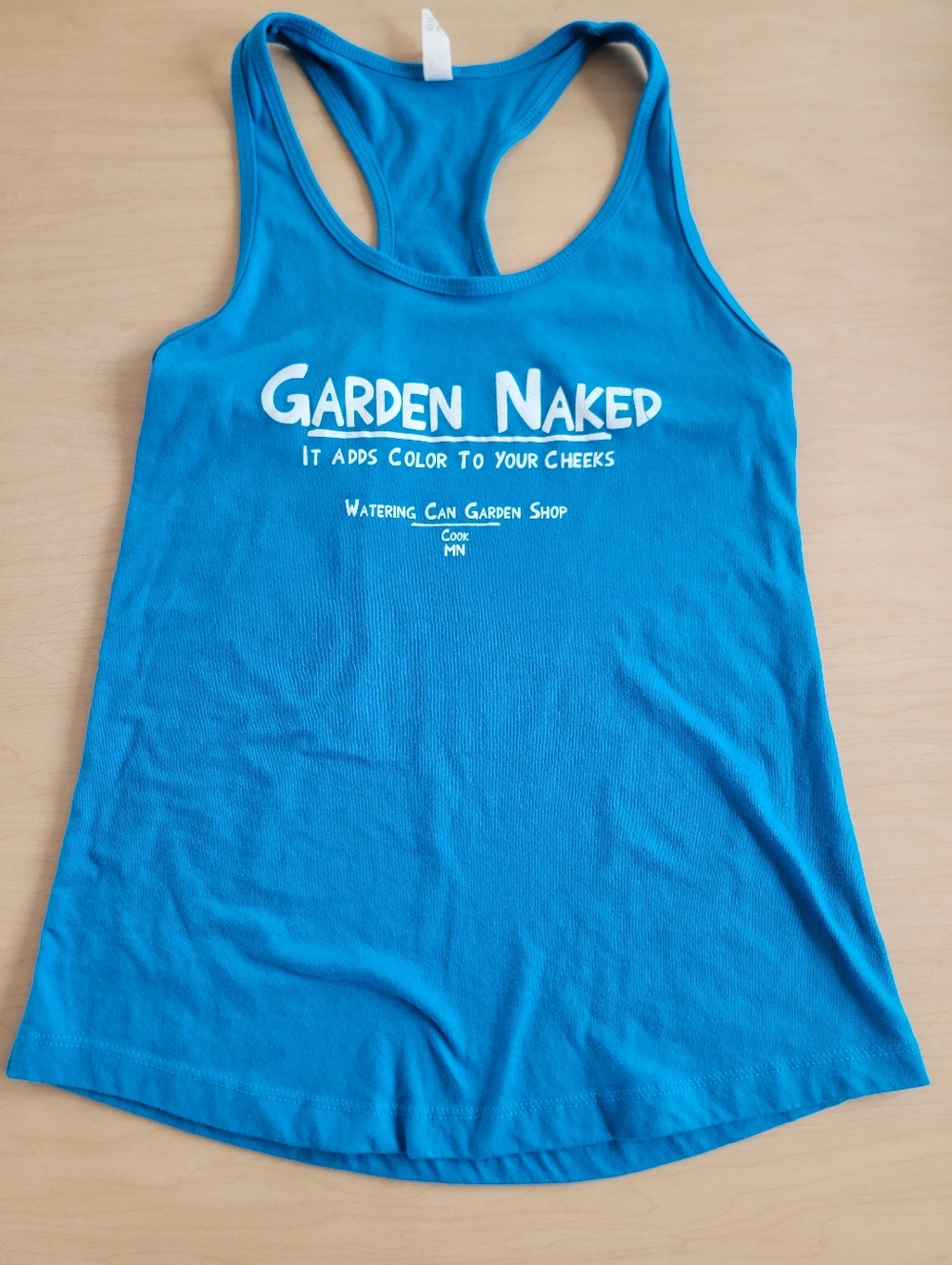 Turquoise Blue Racerback Tank with White ‘Garden Naked’ Print Medium